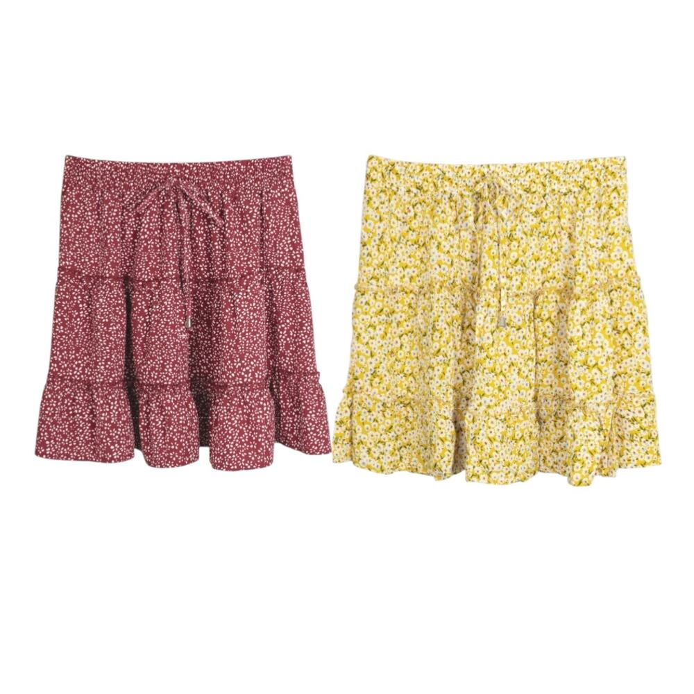 Women's Medium Skirts Set of Two Tiered Drawstring Waist Floral